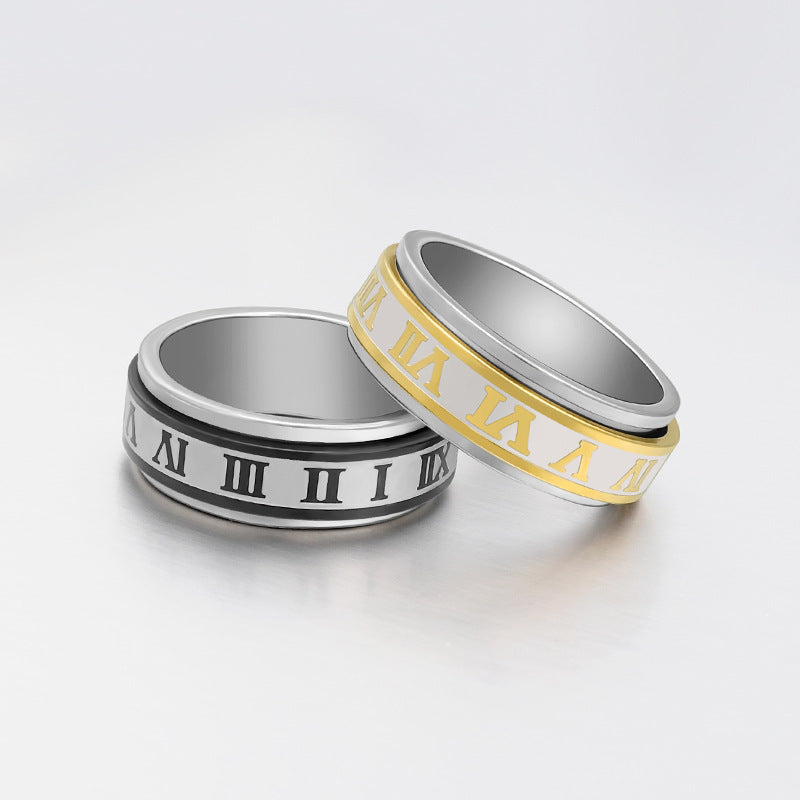 Rotatable Roman titanium and steel ring