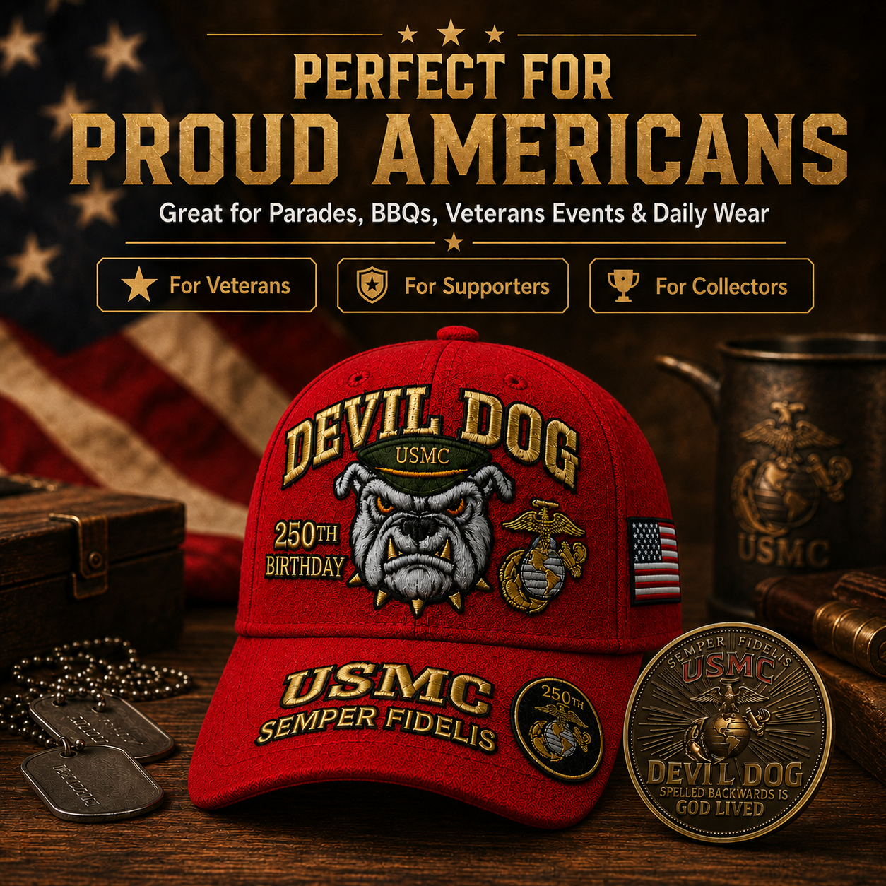 ❤️Devil Dog USMC 250th Birthday Commemorative Cap 🎁 Free Honor Coin With Every Cap Purchase