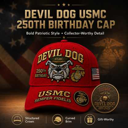 ❤️Devil Dog USMC 250th Birthday Commemorative Cap 🎁 Free Honor Coin With Every Cap Purchase
