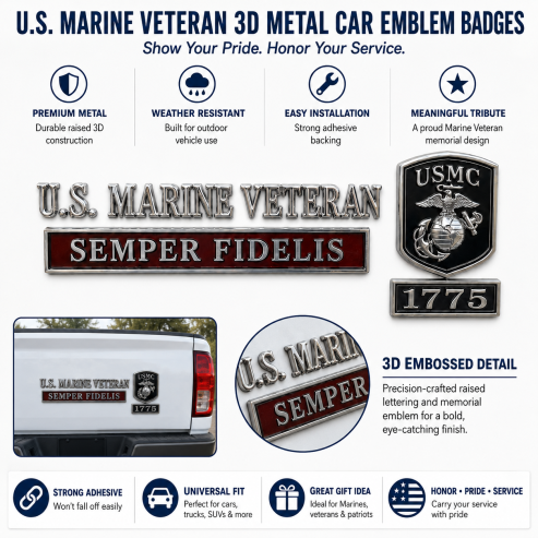 U.S. Marines Veteran Semper Fidelis Car Emblem Metal Badge